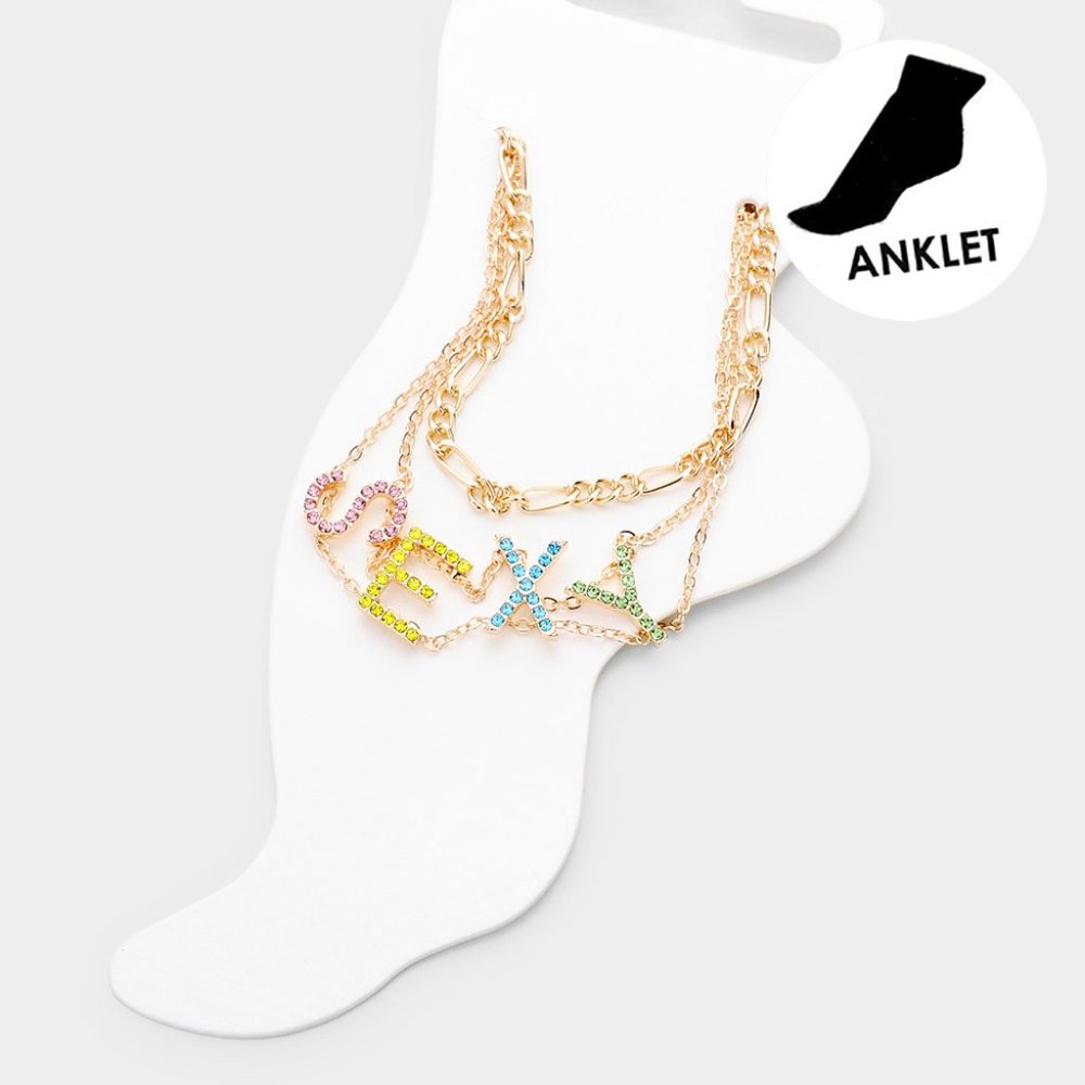 Women's Pave Rhinestone Layered Chain Anklets